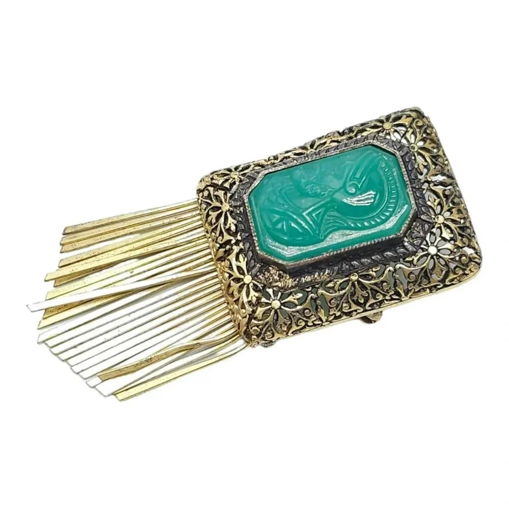 Green Glass Roman Soldier Art Deco Carved Fringe Brooch Pin Gold Tone Vintage